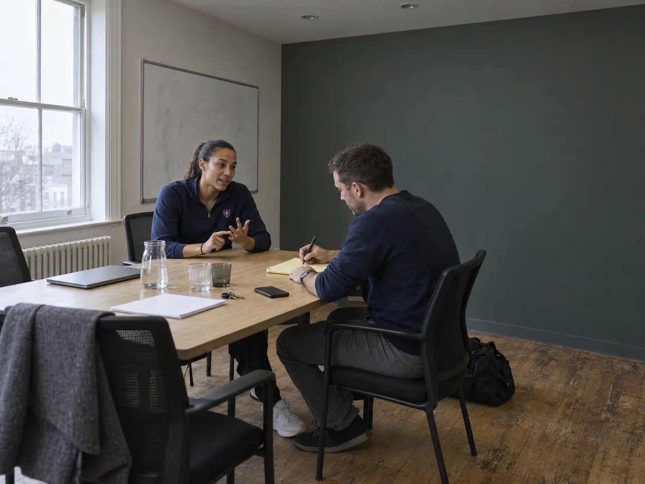 A basketball player in a navy club training top counts something off on her fingers across a meeting room table while a man in a navy sweater writes it down on a legal pad, daylight from the window behind them.