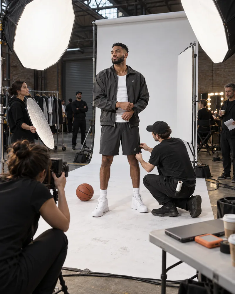 A basketball player in a charcoal campaign jacket stands on a white paper sweep under two large softboxes while a photographer crouches to shoot him and a stylist straightens his shorts.