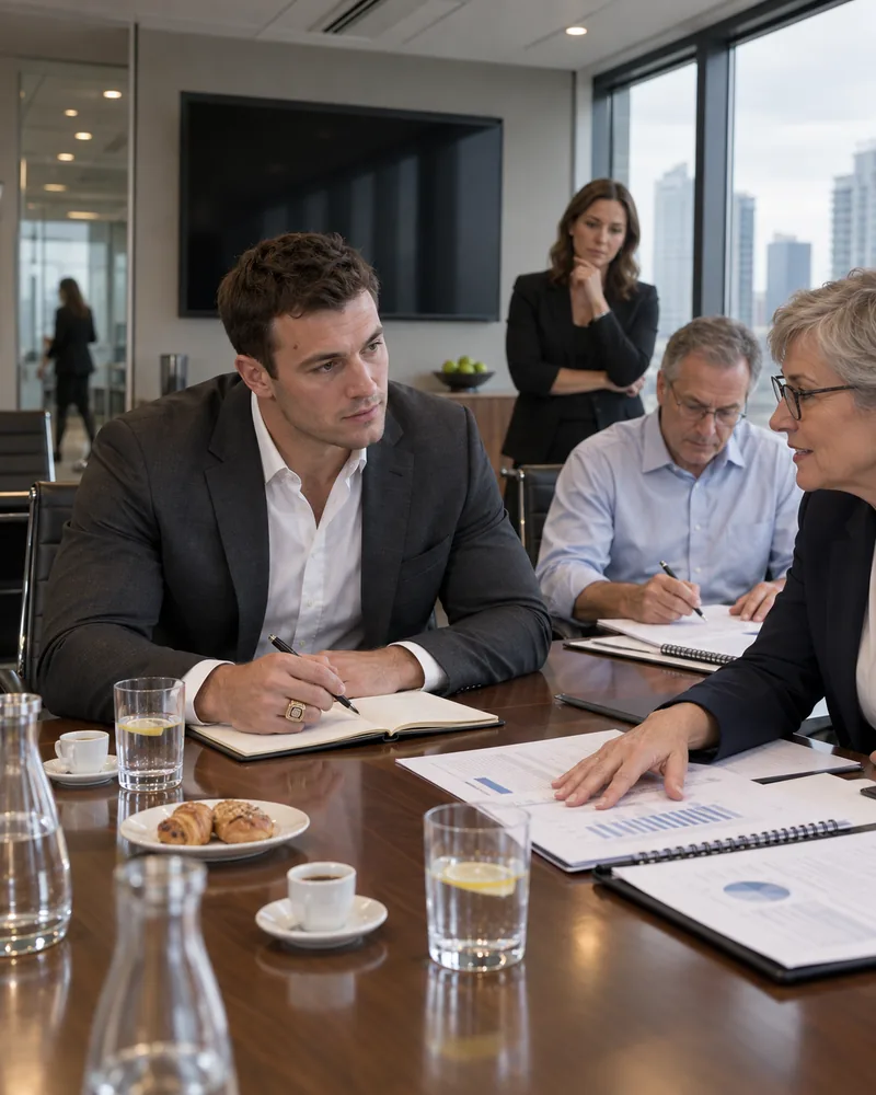 A hockey player in a charcoal suit leans in over his notebook at a boardroom table, listening as a company's chief executive walks him through a printed plan, her finance chief marking his copy and a colleague watching from the window.