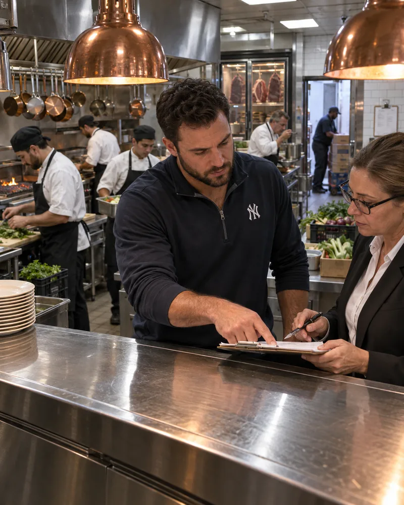 A baseball player in a navy New York Yankees quarter zip leans on the pass of the steakhouse he owns, pointing to a line on a vendor invoice his general manager holds, the kitchen setting up for service behind them.