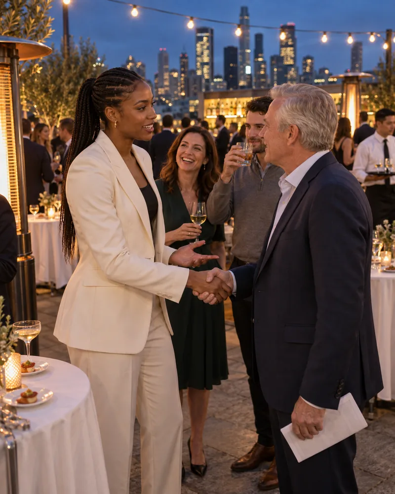 A basketball player in an ivory trouser suit shakes hands with a silver-haired investor at a rooftop investor evening at dusk, talking as two other guests listen and laugh.