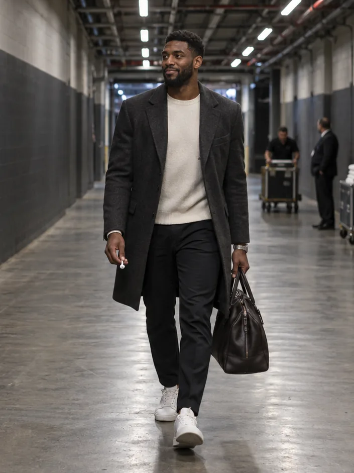An athlete in an overcoat walks through an arena's service tunnel before a game, a leather bag in one hand, smiling at something ahead of him.