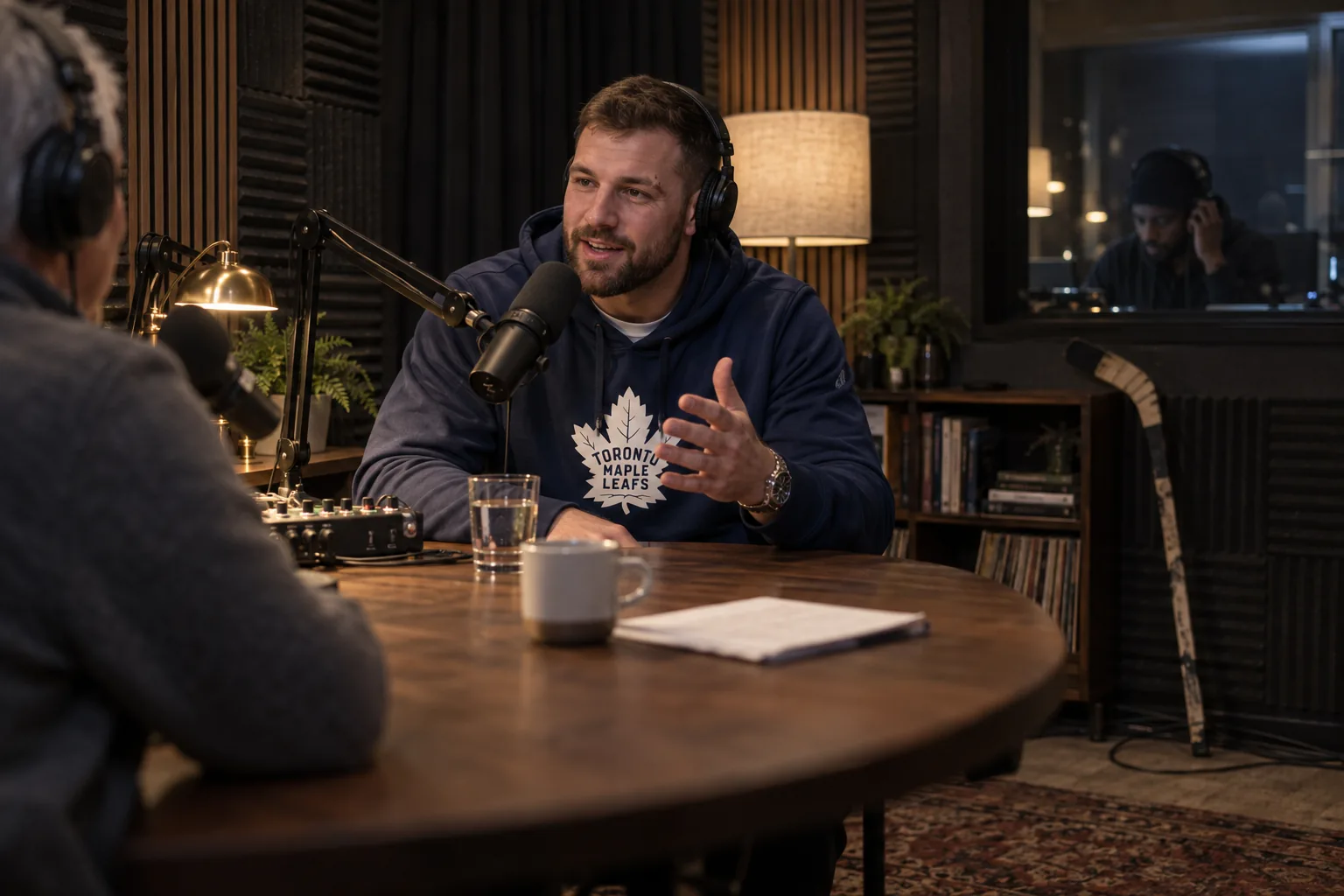 A professional hockey player in a navy Toronto Maple Leafs hoodie leans into a microphone at a walnut table, recording his own interview show with a guest, his producer behind the glass.
