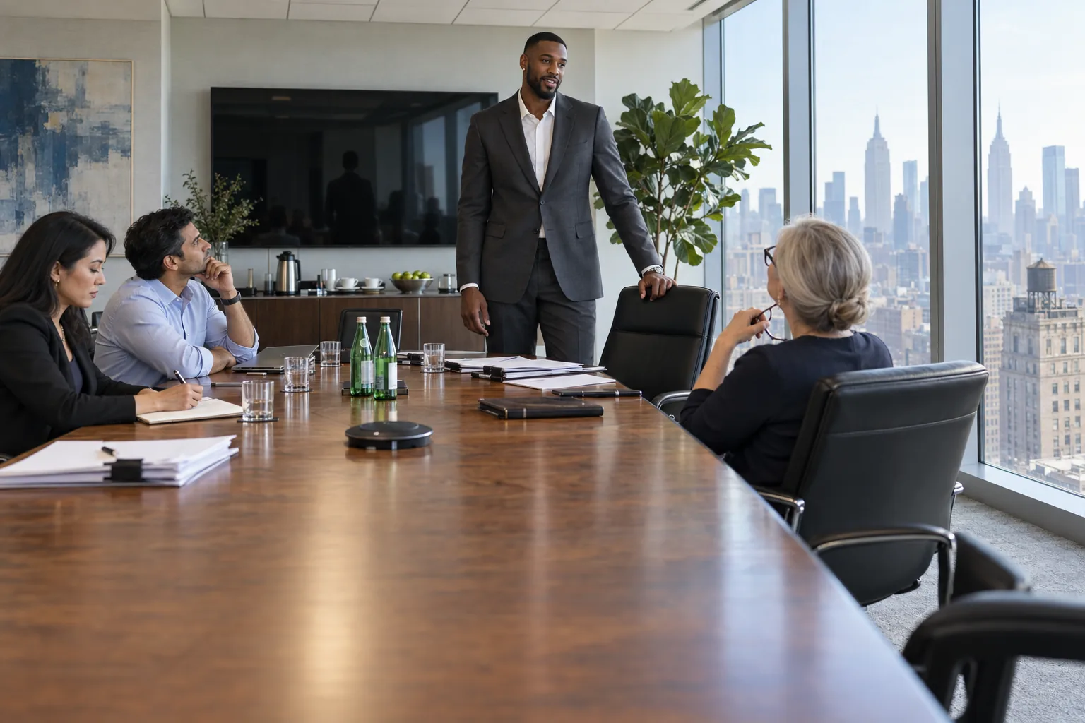 A professional basketball player in a charcoal suit stands a head above the seated executives in a boardroom high over Manhattan, one hand on his chair, speaking to the firm's chair as she listens.