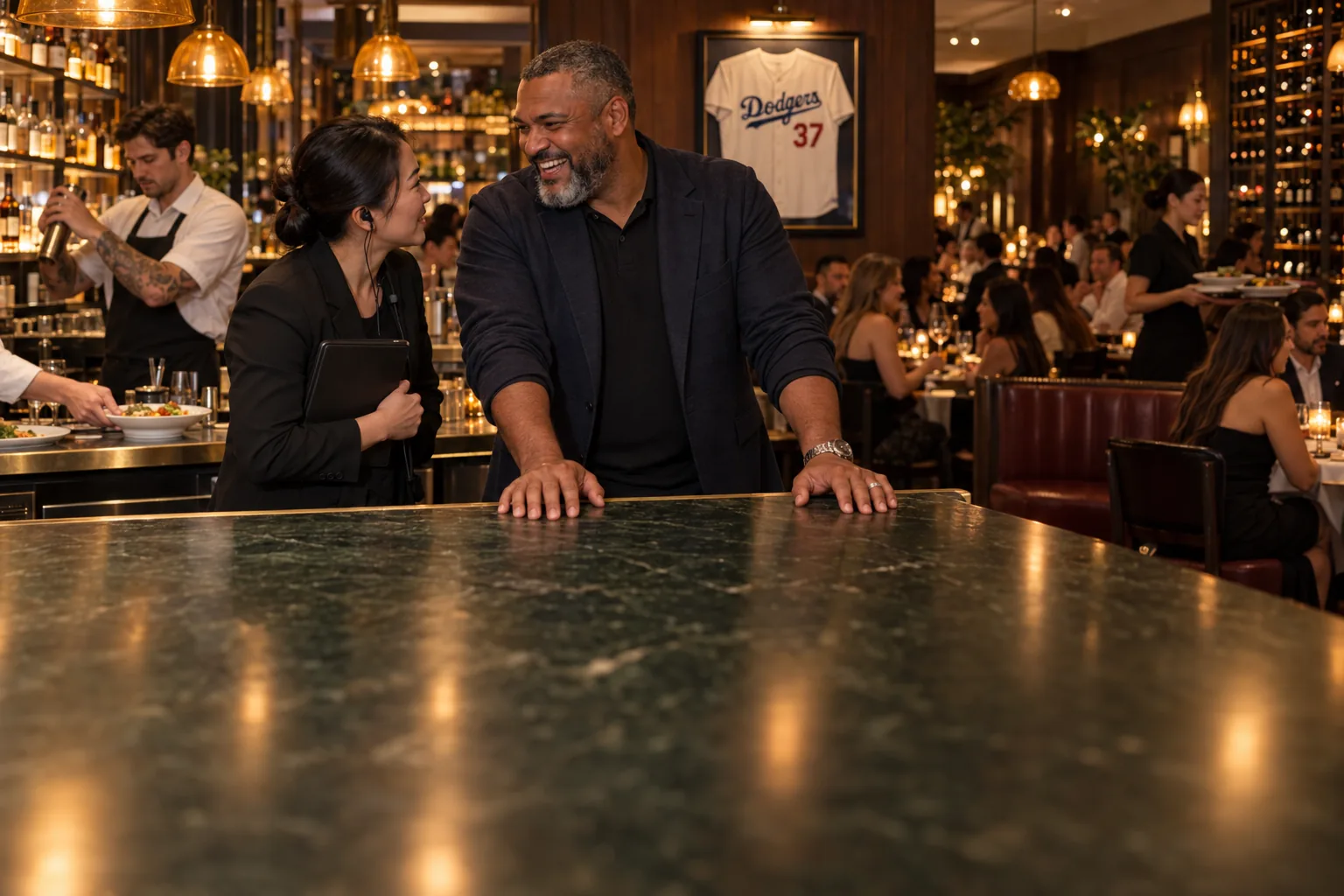 A retired baseball player who owns the restaurant stands with both hands on its green marble bar during a full dinner service, laughing at what his general manager tells him, a framed Dodgers jersey on the wall behind him.