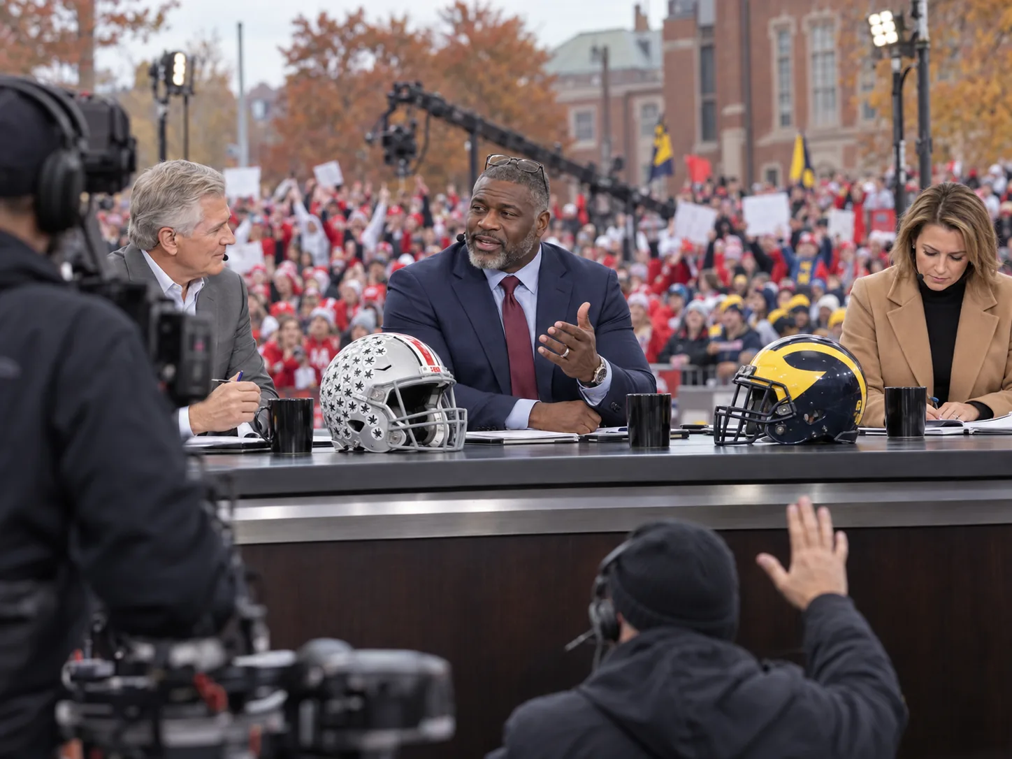 A former football player, now a television analyst in a navy suit, makes his point at the desk of a live college football pregame show on a campus, an Ohio State and a Michigan helmet in front of him and the crowd packed behind the set.
