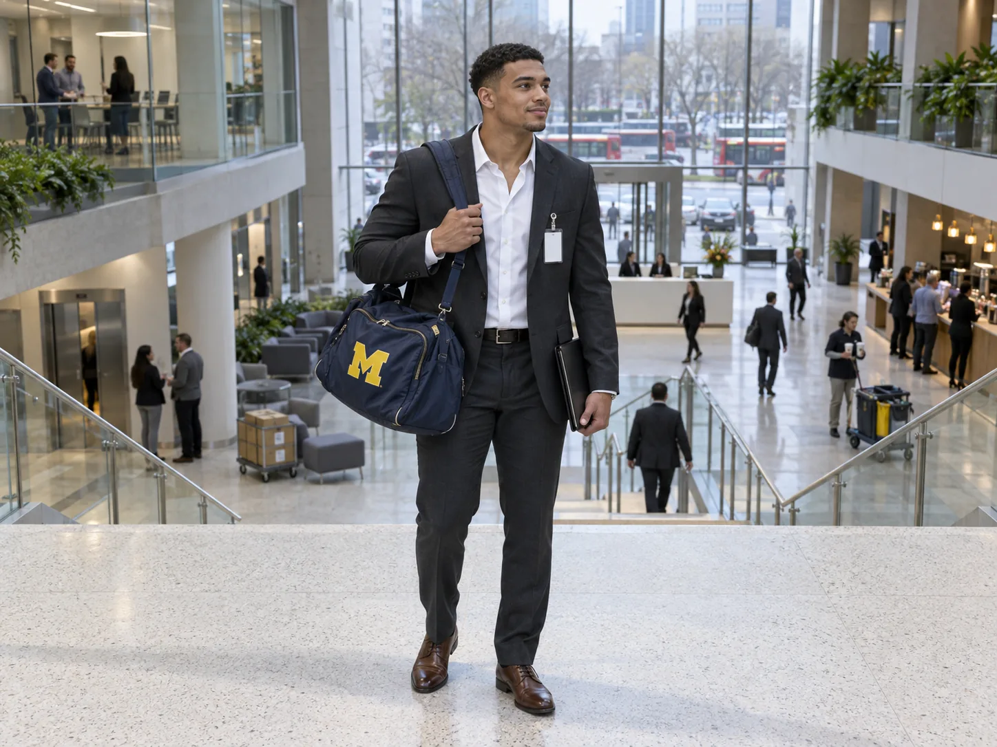 A young man with an athlete's build, in a new charcoal suit with a visitor pass and his old Michigan football holdall over his shoulder, stops at the head of an office atrium stair on his first morning and looks down the mezzanine.