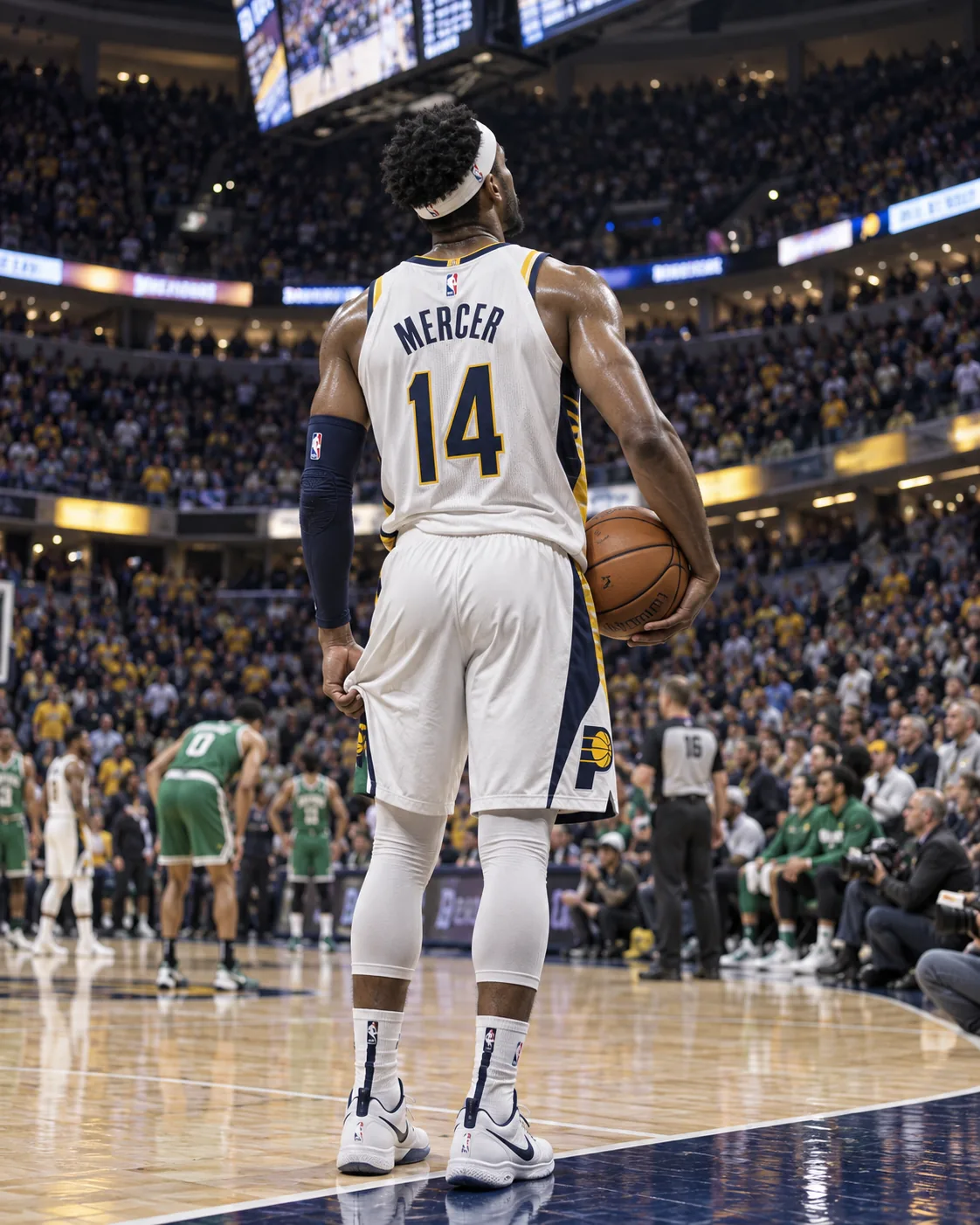 A basketball player in an Indiana Pacers white number 14 jersey, seen from behind, holds the ball on his hip and looks up at the scoreboard during a game against the Celtics in a full arena.